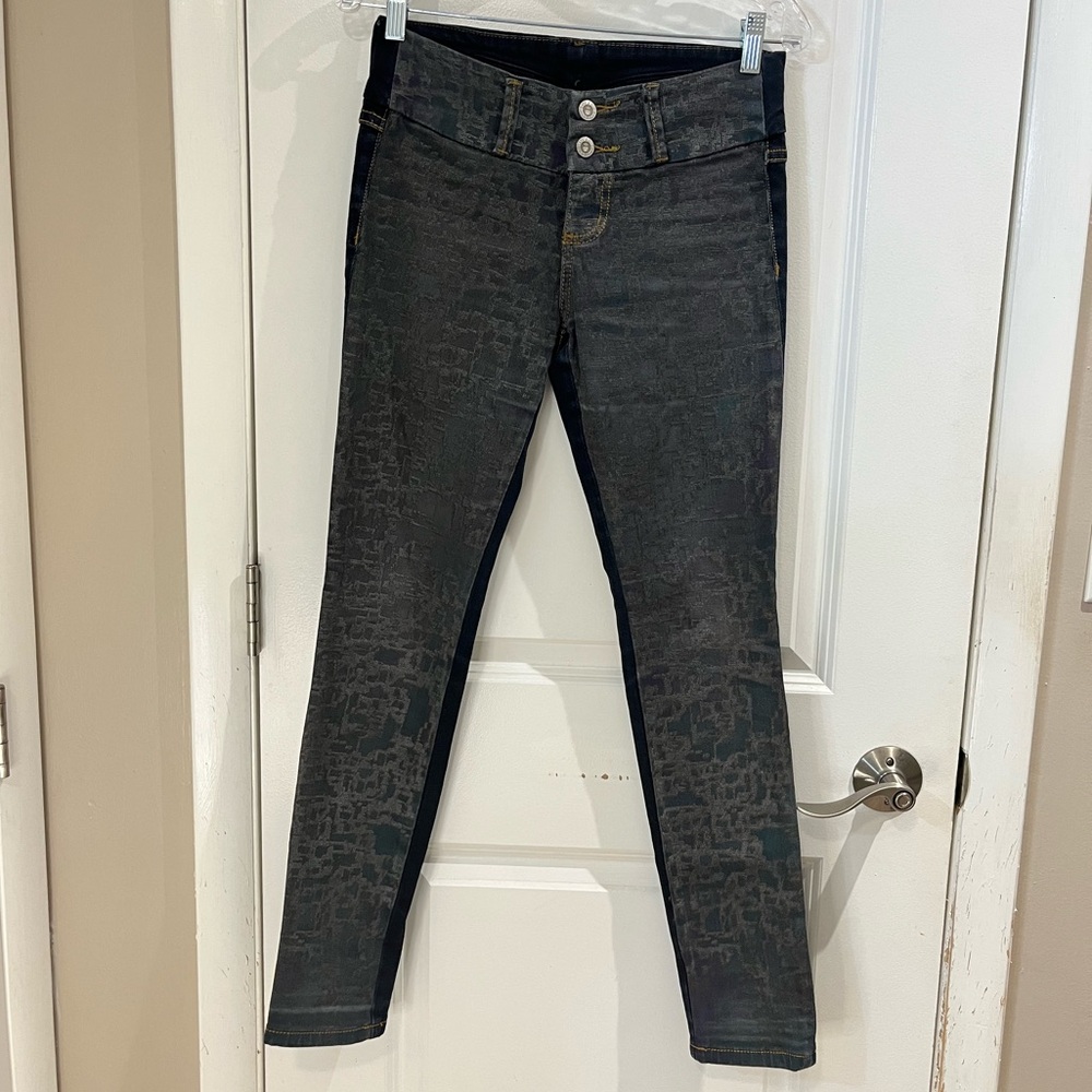 JNby JJ Jeans Two Panel Skinny Jeans Sz 27 Denim & Brocade Rockstar Mid Rise